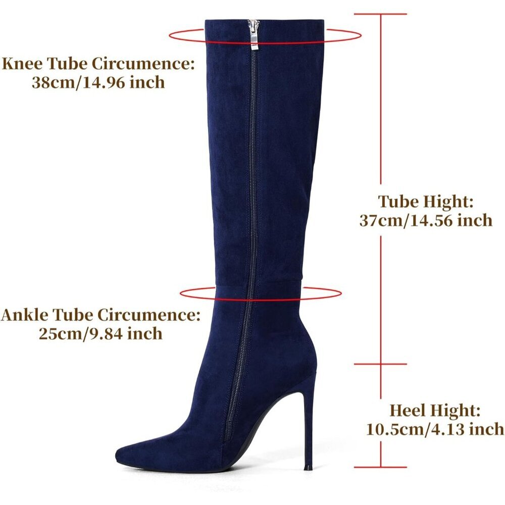 Women's Navy Blue Leather Suede Knee High Stiletto Tall Pointed Toe Stylish Boot - Picture 3 of 6